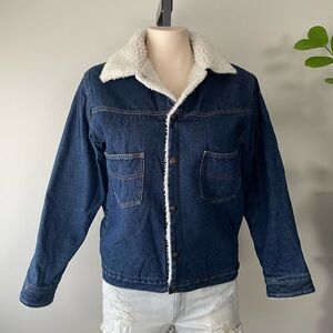 Vintage Sherpa Fleece Lined Denim Jacket Button Down Dark Medium Wash Size Small